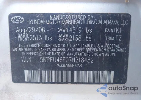 2007 Hyundai Sonata Limited/Se V6 z USA, uszkodzony, nr VIN 5NPEU46F07H218482